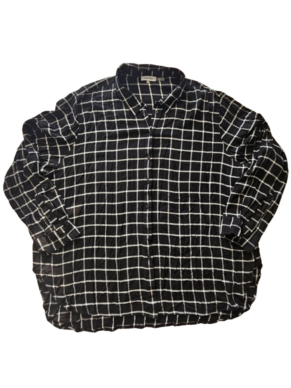 Calvin Klein Women's Plus Size 2X Black and White Windowpane Button-Front Blouse